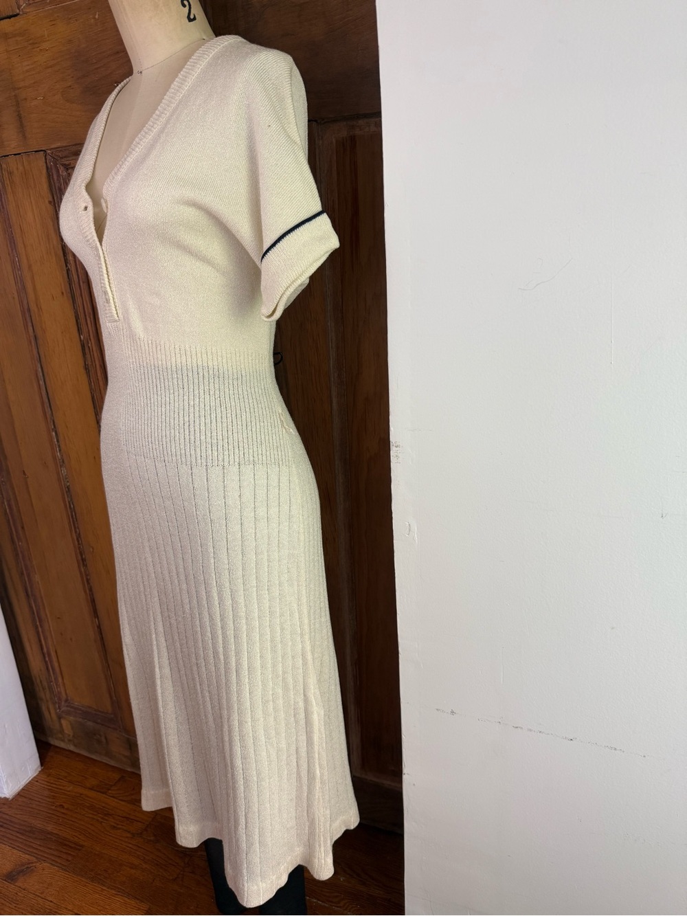 Vintage Ivory Knit Midi Dress | Preppy Ribbed Sweater Dress Soft Minimalist - Picture 4 of 8